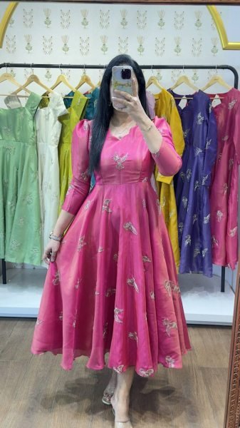 Modern Pink Chinnon Silk Embellished Gown with Unique Neckline for Festive Collection Anarkali Kurtis 