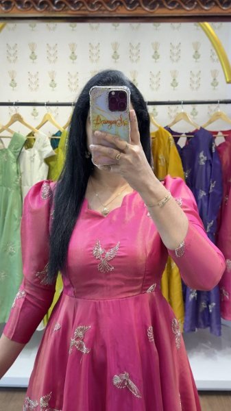 Modern Pink Chinnon Silk Embellished Gown with Unique Neckline for Festive Collection Anarkali Kurtis 