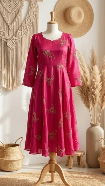 Modern Pink Chinnon Silk Embellished Gown with Unique Neckline for Festive Collection Anarkali Kurtis 