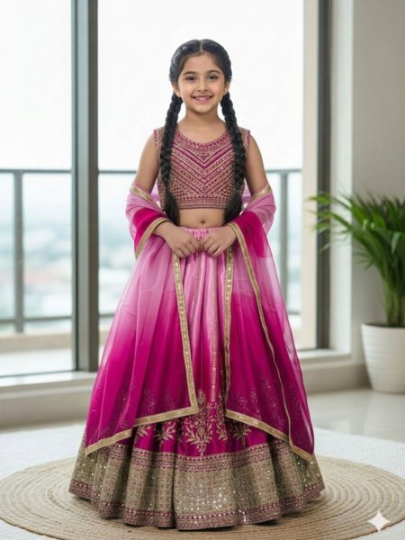 Modern Pink Elegant Chinon Silk Lehenga Set with Sequins Embroidery Kurtis