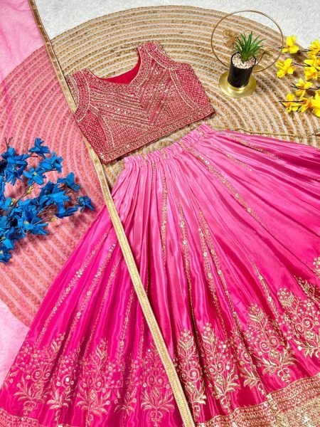 Modern Pink Elegant Chinon Silk Lehenga Set with Sequins Embroidery Girls Wear