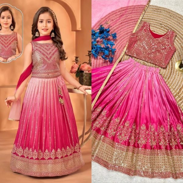 Modern Pink Elegant Chinon Silk Lehenga Set with Sequins Embroidery Girls Wear