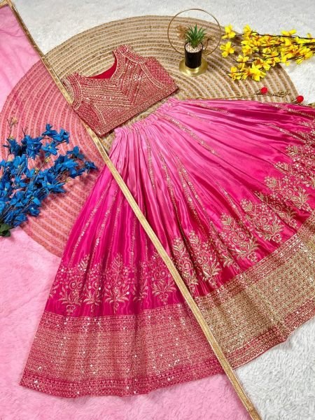 Modern Pink Elegant Chinon Silk Lehenga Set with Sequins Embroidery Girls Wear