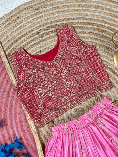 Modern Pink Elegant Chinon Silk Lehenga Set with Sequins Embroidery Girls Wear