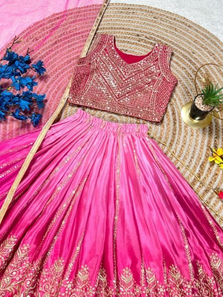 Modern Pink Elegant Chinon Silk Lehenga Set with Sequins Embroidery Girls Wear