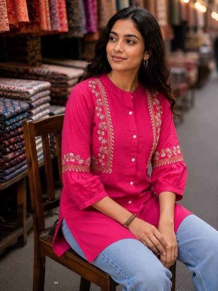 Modern Pink Women's Cotton Embroidered Kurti Collection For Daily Wear Tunics kurti