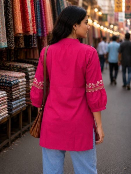 Modern Pink Women's Cotton Embroidered Kurti Collection For Daily Wear Tunics kurti