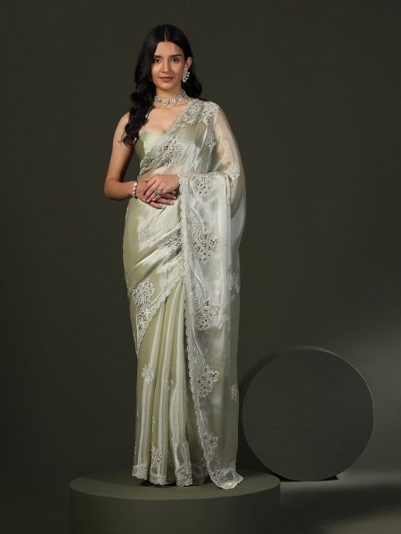 Modern Pista Chiffon Silk Saree with Rich C Pallu Thread Embroidery and Elegant Cutwork Sarees 