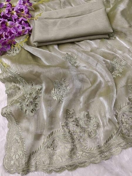 Modern Pista Chiffon Silk Saree with Rich C Pallu Thread Embroidery and Elegant Cutwork Silk Sarees Wholesale