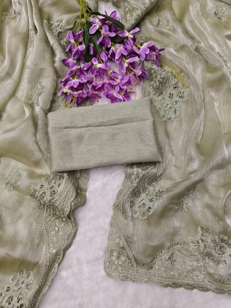 Modern Pista Chiffon Silk Saree with Rich C Pallu Thread Embroidery and Elegant Cutwork Silk Sarees Wholesale