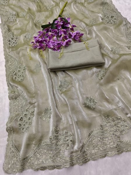 Modern Pista Chiffon Silk Saree with Rich C Pallu Thread Embroidery and Elegant Cutwork Silk Sarees Wholesale