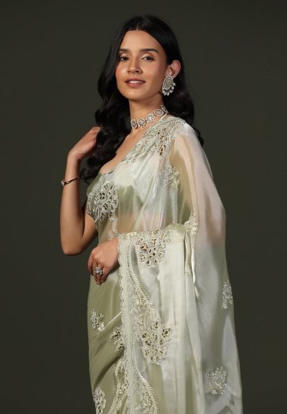 Modern Pista Chiffon Silk Saree with Rich C Pallu Thread Embroidery and Elegant Cutwork Silk Sarees Wholesale