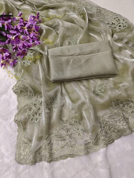 Modern Pista Chiffon Silk Saree with Rich C Pallu Thread Embroidery and Elegant Cutwork Silk Sarees Wholesale