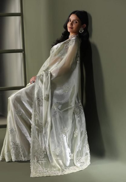 Modern Pista Chiffon Silk Saree with Rich C Pallu Thread Embroidery and Elegant Cutwork Silk Sarees Wholesale