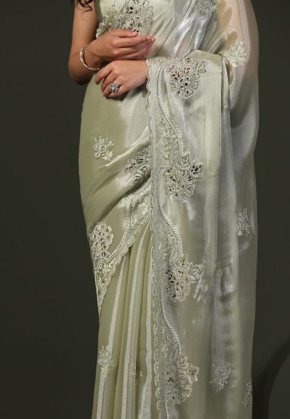Modern Pista Chiffon Silk Saree with Rich C Pallu Thread Embroidery and Elegant Cutwork Silk Sarees Wholesale