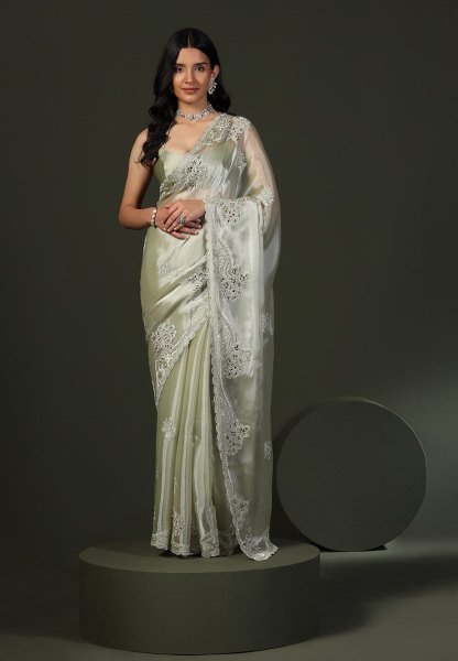 Modern Pista Chiffon Silk Saree with Rich C Pallu Thread Embroidery and Elegant Cutwork Silk Sarees Wholesale