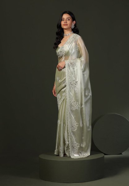 Modern Pista Chiffon Silk Saree with Rich C Pallu Thread Embroidery and Elegant Cutwork Silk Sarees Wholesale