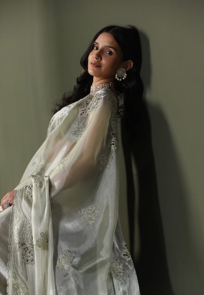 Modern Pista Chiffon Silk Saree with Rich C Pallu Thread Embroidery and Elegant Cutwork Silk Sarees Wholesale