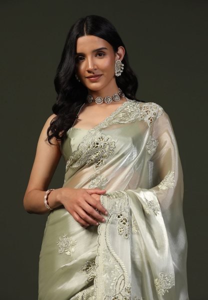 Modern Pista Chiffon Silk Saree with Rich C Pallu Thread Embroidery and Elegant Cutwork Silk Sarees Wholesale