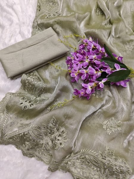 Modern Pista Chiffon Silk Saree with Rich C Pallu Thread Embroidery and Elegant Cutwork Silk Sarees Wholesale