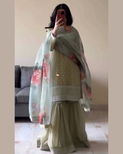 Modern Pista Green Ready To Wear Top With Intricate Thread with Sequence Work Sharara And Dupatta  Ready To Wear Suit