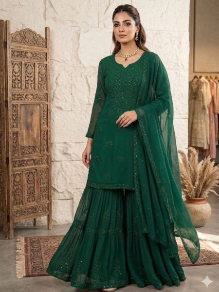 Modern Power Green Georgette Top with Flared Sarara and Dupatta Ready To Wear Suit