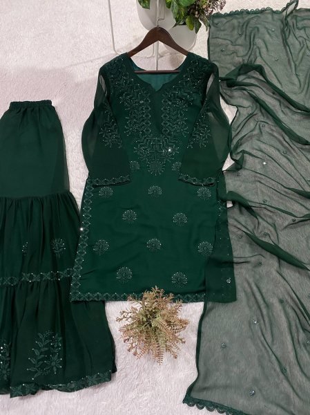 Modern Power Green Georgette Top with Flared Sarara and Dupatta Ready To Wear Collection