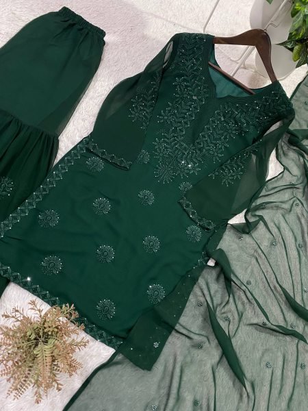 Modern Power Green Georgette Top with Flared Sarara and Dupatta Ready To Wear Collection