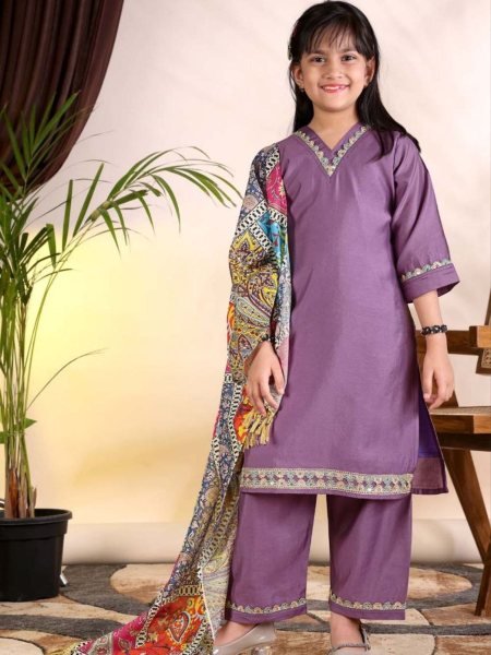 Modern Purple Kids Roman Fabric Kurti Pant Set with Chanderi Digital Printed Dupatta Kurtis
