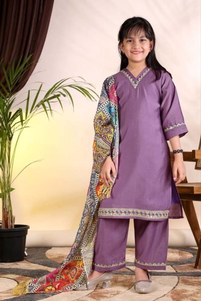 Modern Purple Kids Roman Fabric Kurti Pant Set with Chanderi Digital Printed Dupatta Girls Wear
