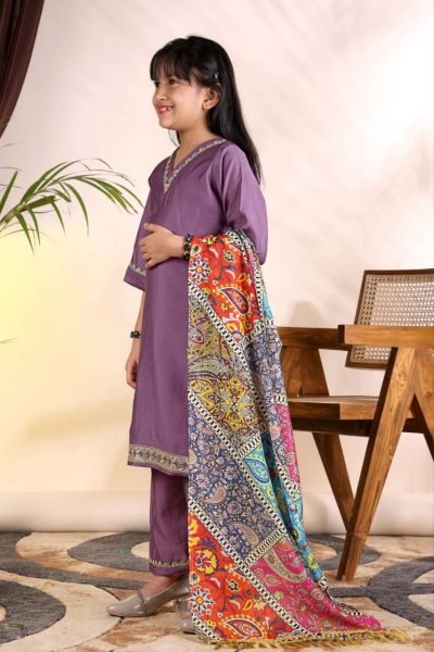 Modern Purple Kids Roman Fabric Kurti Pant Set with Chanderi Digital Printed Dupatta Girls Wear