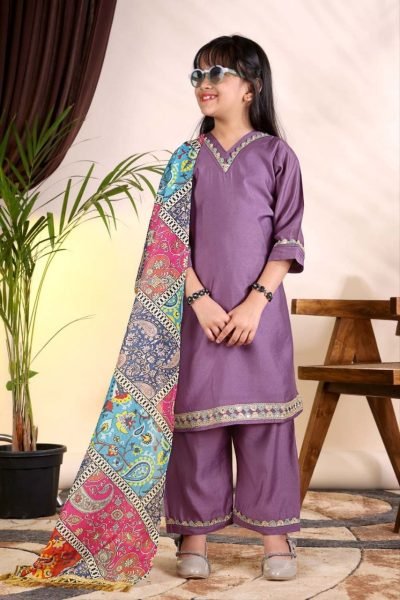 Modern Purple Kids Roman Fabric Kurti Pant Set with Chanderi Digital Printed Dupatta Girls Wear
