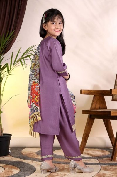 Modern Purple Kids Roman Fabric Kurti Pant Set with Chanderi Digital Printed Dupatta Girls Wear
