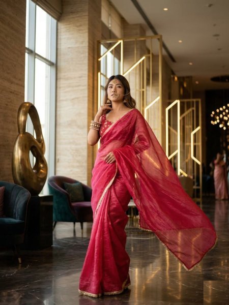 Modern Rani Pink Color Tissue Silk Pre Drapped Saree For Fastival Wear 