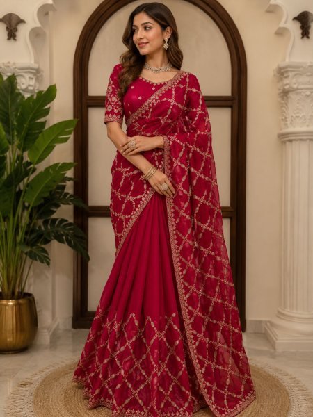 Modern Red Fendy Silk Saree with Intricate Thread Embroidery and Sequins Work Sarees 