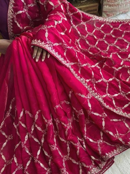 Modern Red Fendy Silk Saree with Intricate Thread Embroidery and Sequins Work Silk Sarees Wholesale