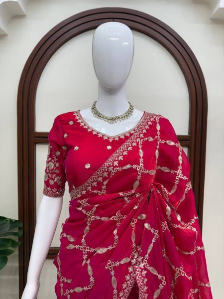 Modern Red Fendy Silk Saree with Intricate Thread Embroidery and Sequins Work Silk Sarees Wholesale
