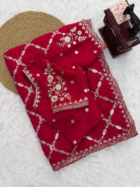 Modern Red Fendy Silk Saree with Intricate Thread Embroidery and Sequins Work Silk Sarees Wholesale