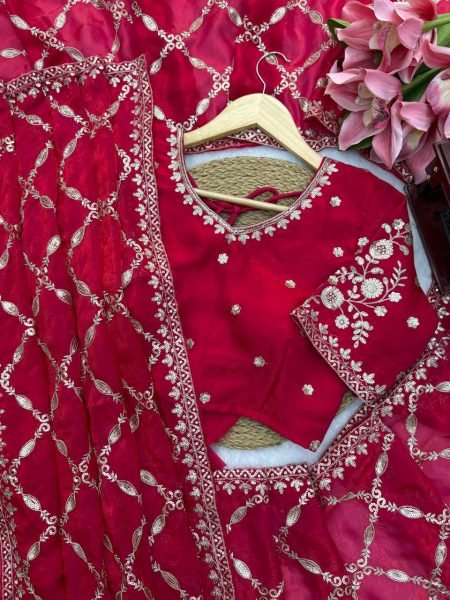 Modern Red Fendy Silk Saree with Intricate Thread Embroidery and Sequins Work Silk Sarees Wholesale