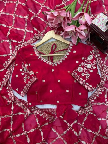 Modern Red Fendy Silk Saree with Intricate Thread Embroidery and Sequins Work Silk Sarees Wholesale