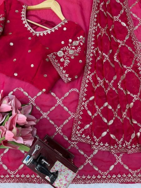 Modern Red Fendy Silk Saree with Intricate Thread Embroidery and Sequins Work Silk Sarees Wholesale