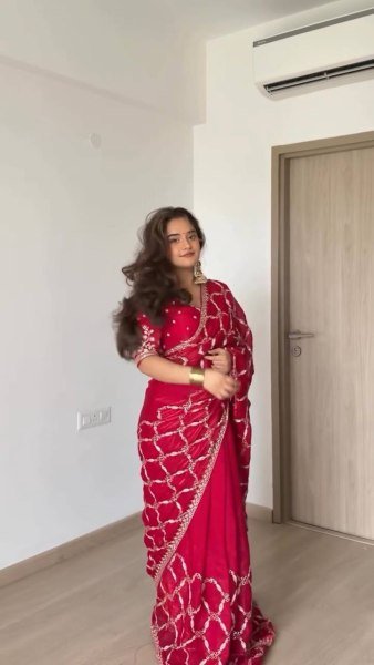 Modern Red Fendy Silk Saree with Intricate Thread Embroidery and Sequins Work Silk Sarees Wholesale