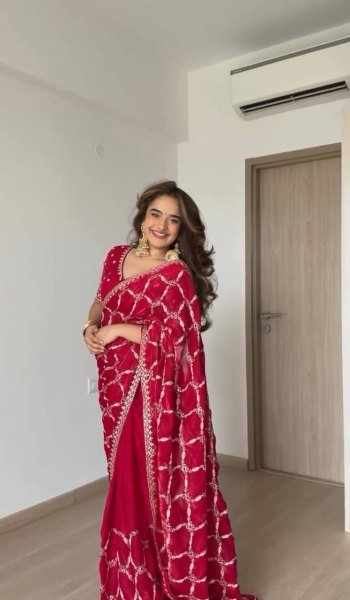 Modern Red Fendy Silk Saree with Intricate Thread Embroidery and Sequins Work Silk Sarees Wholesale