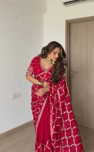 Modern Red Fendy Silk Saree with Intricate Thread Embroidery and Sequins Work Silk Sarees Wholesale