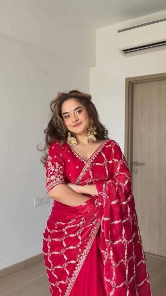 Modern Red Fendy Silk Saree with Intricate Thread Embroidery and Sequins Work Silk Sarees Wholesale