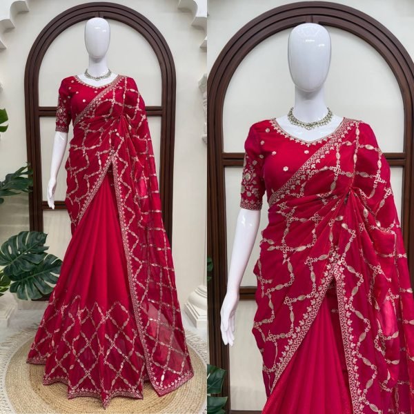Modern Red Fendy Silk Saree with Intricate Thread Embroidery and Sequins Work Silk Sarees Wholesale