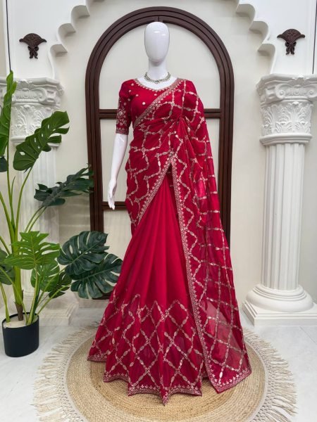 Modern Red Fendy Silk Saree with Intricate Thread Embroidery and Sequins Work Silk Sarees Wholesale