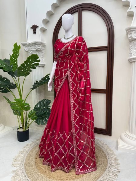 Modern Red Fendy Silk Saree with Intricate Thread Embroidery and Sequins Work Silk Sarees Wholesale