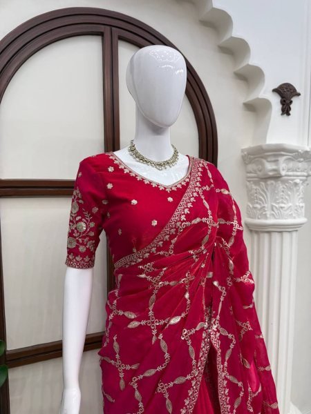 Modern Red Fendy Silk Saree with Intricate Thread Embroidery and Sequins Work Silk Sarees Wholesale