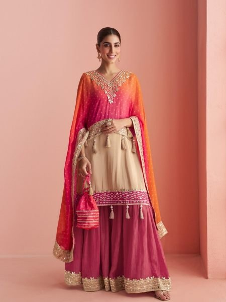 Modern Rani Pink Premium Pauncho Style Kaftan with Short and Sharara in Simar Silk 